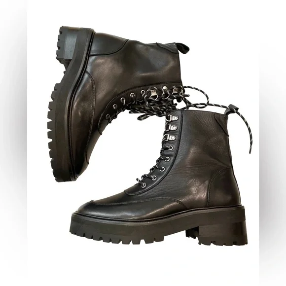 NWT The Kooples High Top Black Leather Biker Combat Boots In Ranger Style Size 8 - Picture 12 of 16